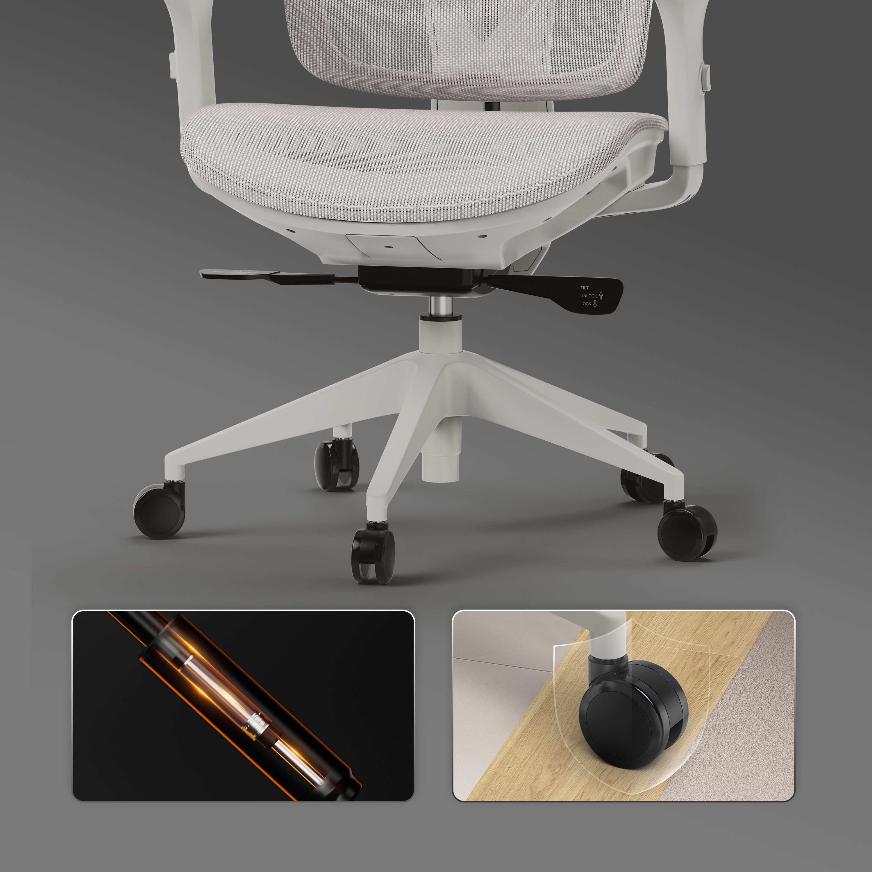 Witte bureaustoel met mesh rugleuning en zitting. Wielen aan de basis. Twee inzetfoto's tonen stoeldetails.
