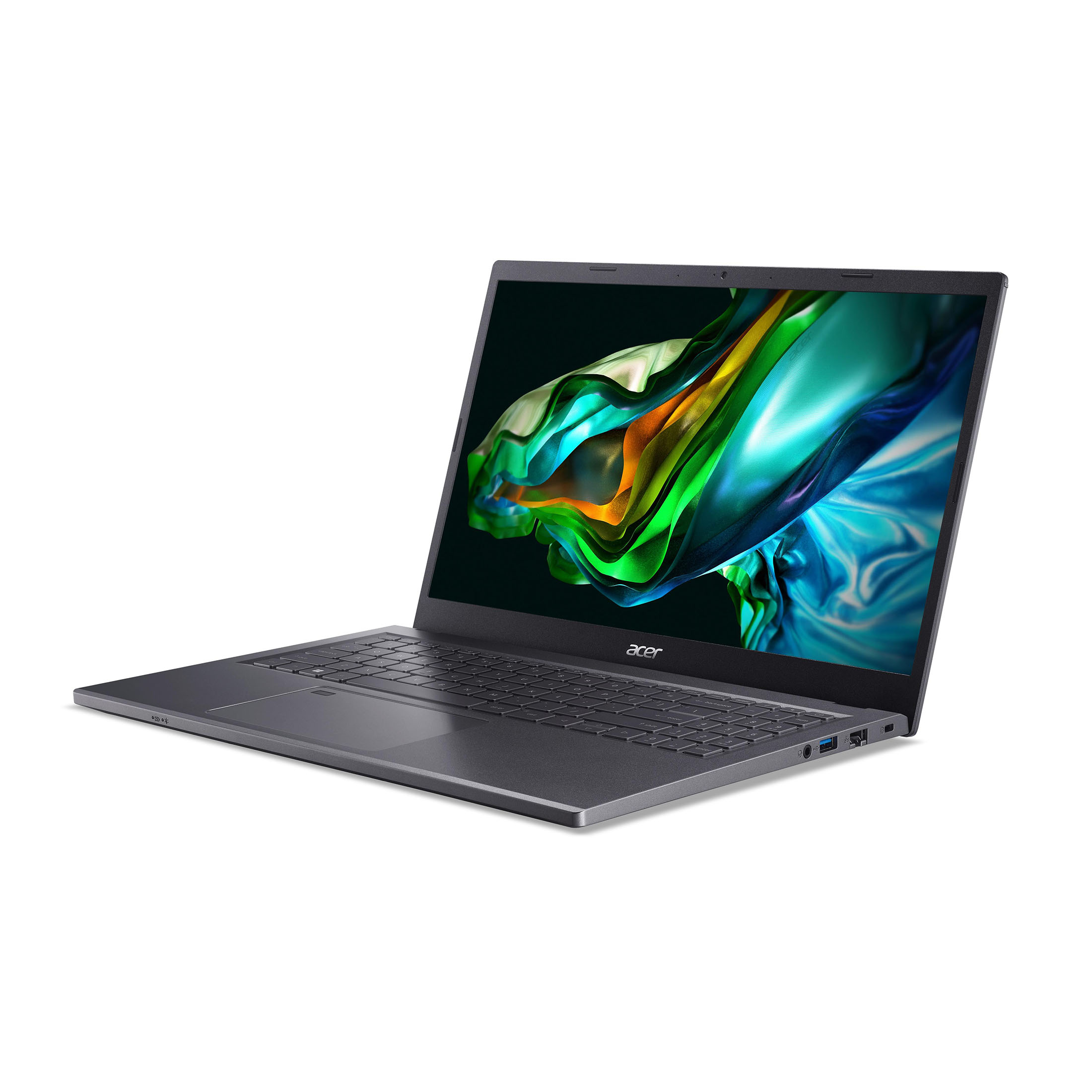 Ein grauer Acer-Laptop ist geöffnet und abgewinkelt. Der Bildschirm zeigt ein farbenfrohes abstraktes Design. Der Hintergrund ist weiß.