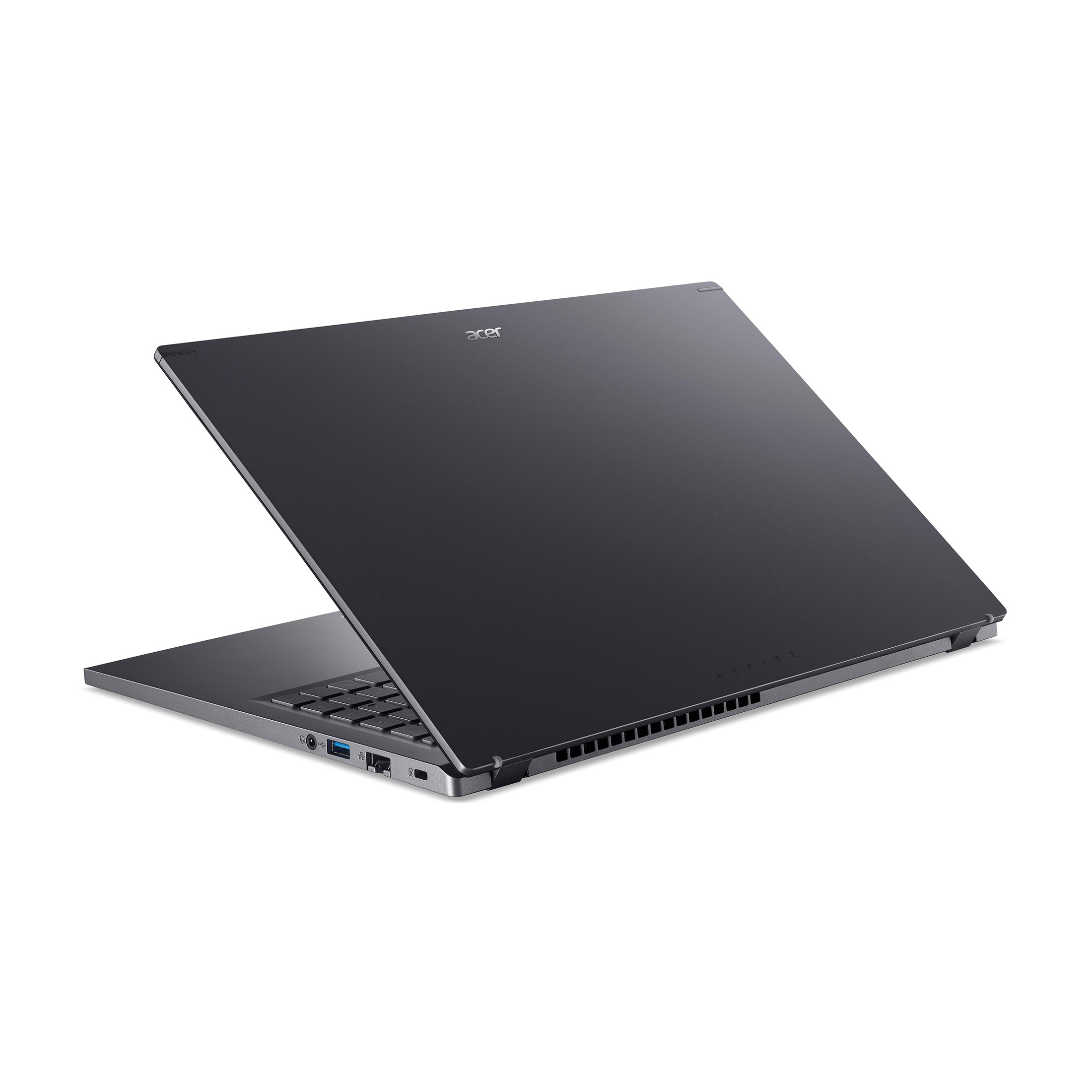 Ein dunkelgraues Acer-Laptop ist leicht geöffnet und zeigt die Tastatur und den Bildschirm. Der Hintergrund ist weiß.