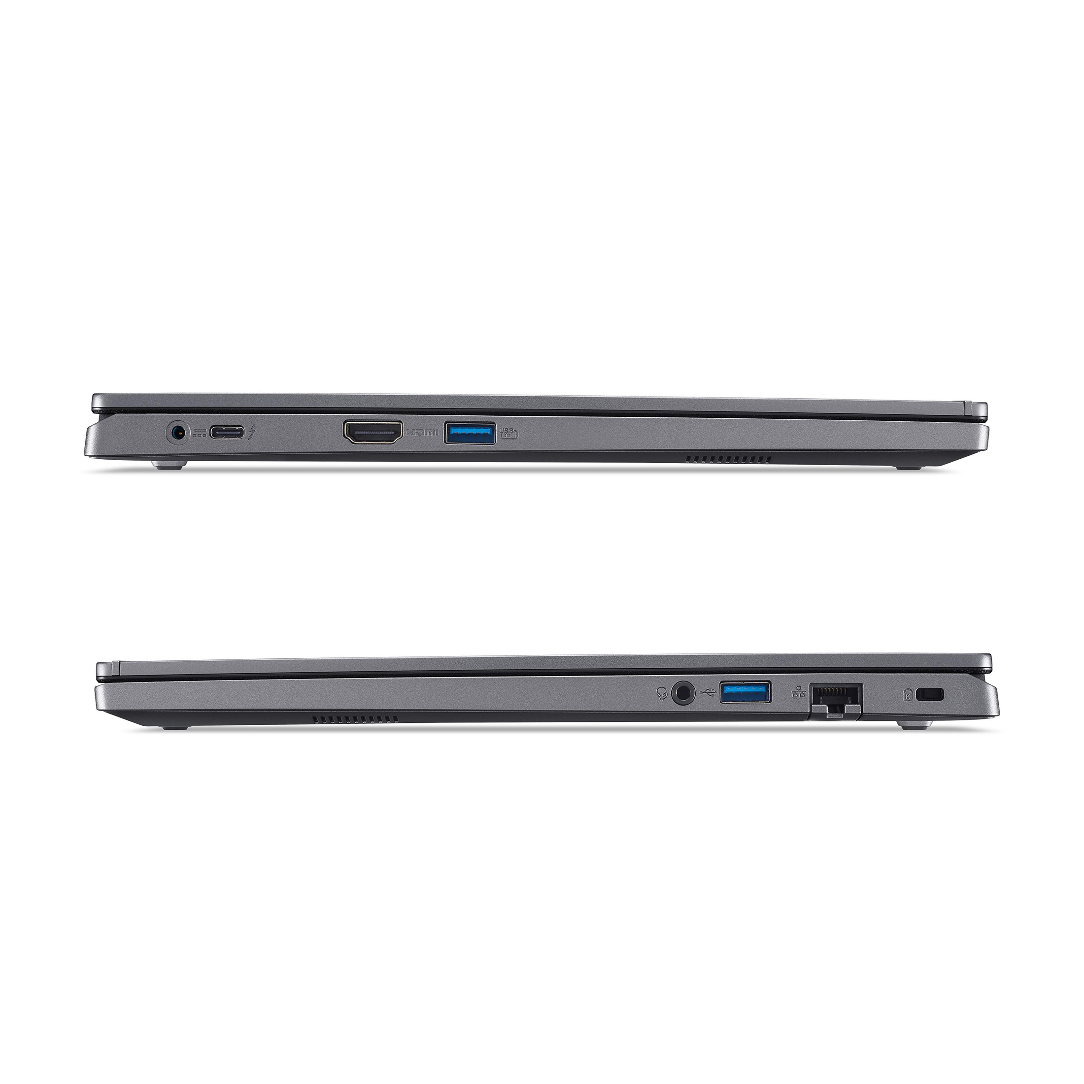 Zwei graue Laptops Seitenansicht. Oben: Strom, USB-C, HDMI. Unten: Audio, USB, Ethernet, Strom.