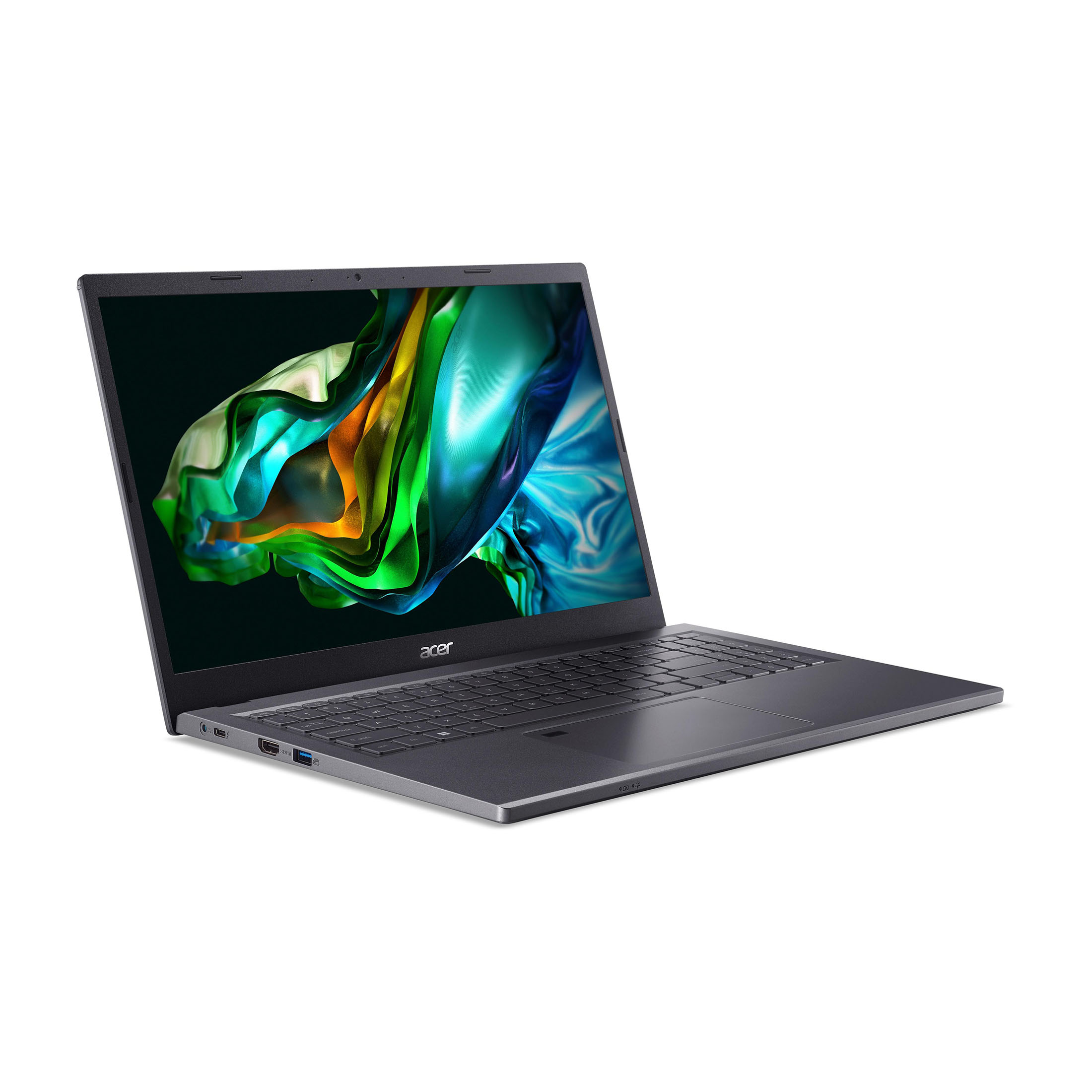 Ein grauer Acer-Laptop ist geöffnet und zeigt ein farbenfrohes abstraktes Bild. Der Laptop befindet sich auf weißem Grund.