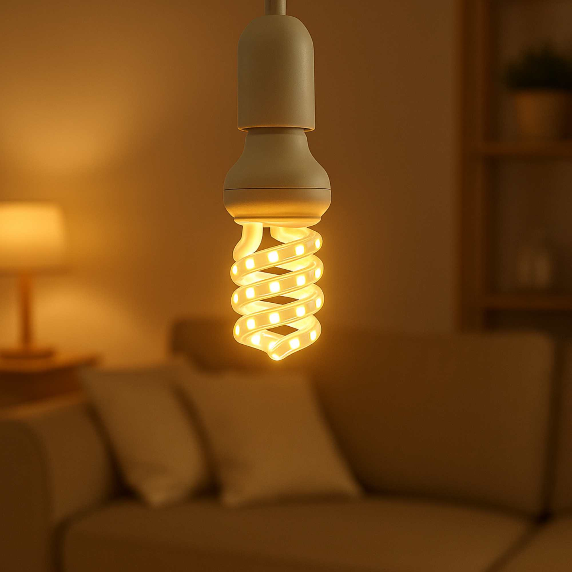 Una bombilla espiral encendida cuelga, emitiendo luz cálida. Un sofá y una lámpara están borrosos en el fondo.
