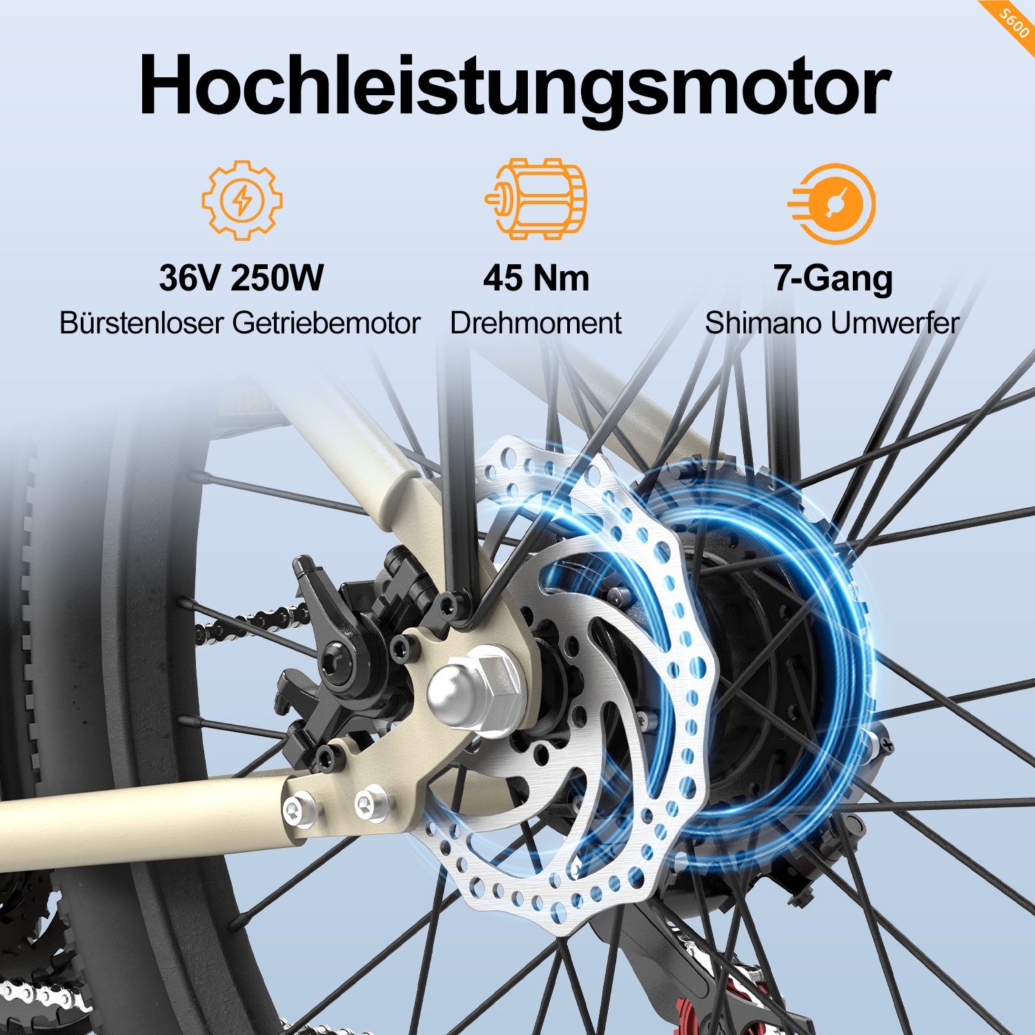 Zbliżenie koła roweru z hamulcem tarczowym. Tekst podkreśla specyfikacje silnika i biegi Shimano.