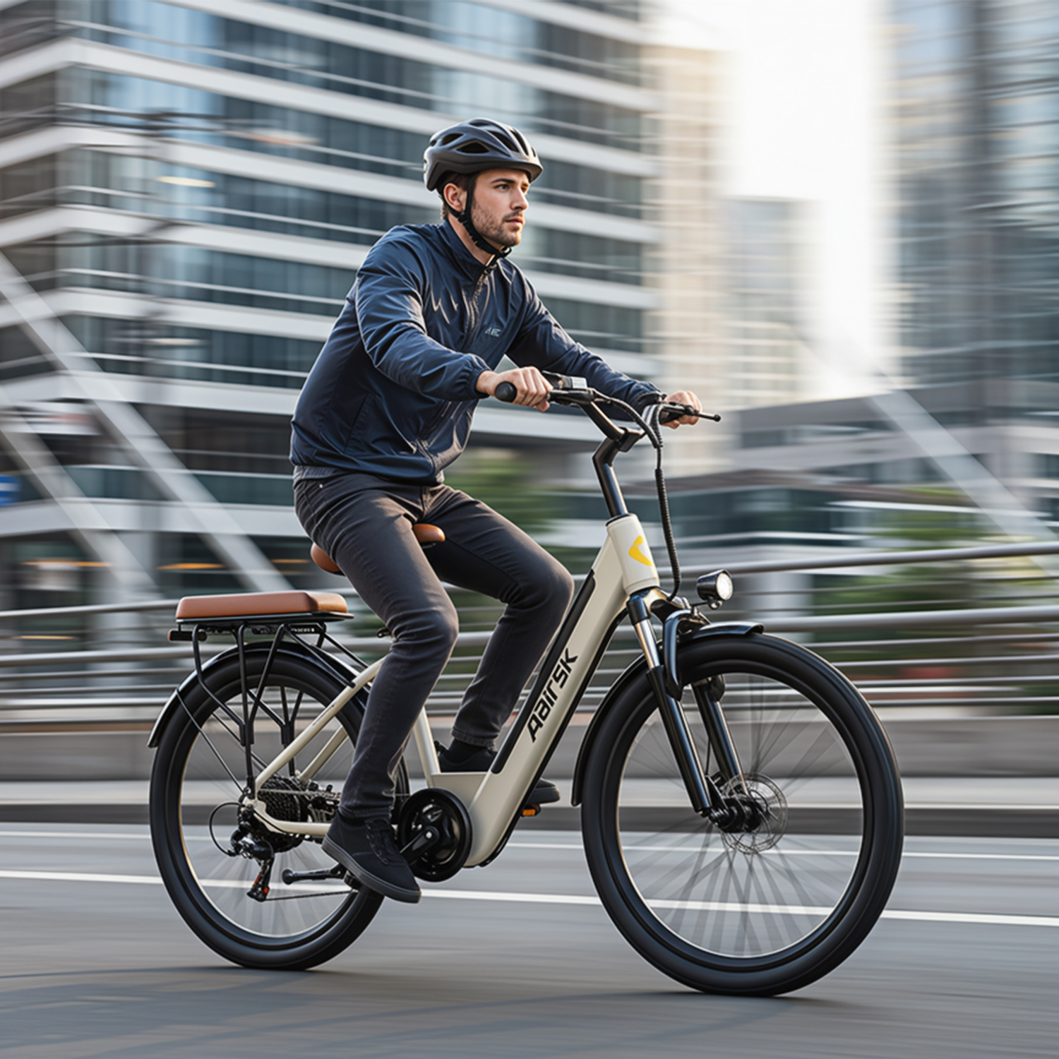 Ein Mann fährt mit einem cremefarbenen Elektrofahrrad auf einer Straße. Er trägt einen Helm und eine dunkle Jacke. Gebäude verschwimmen im Hintergrund.