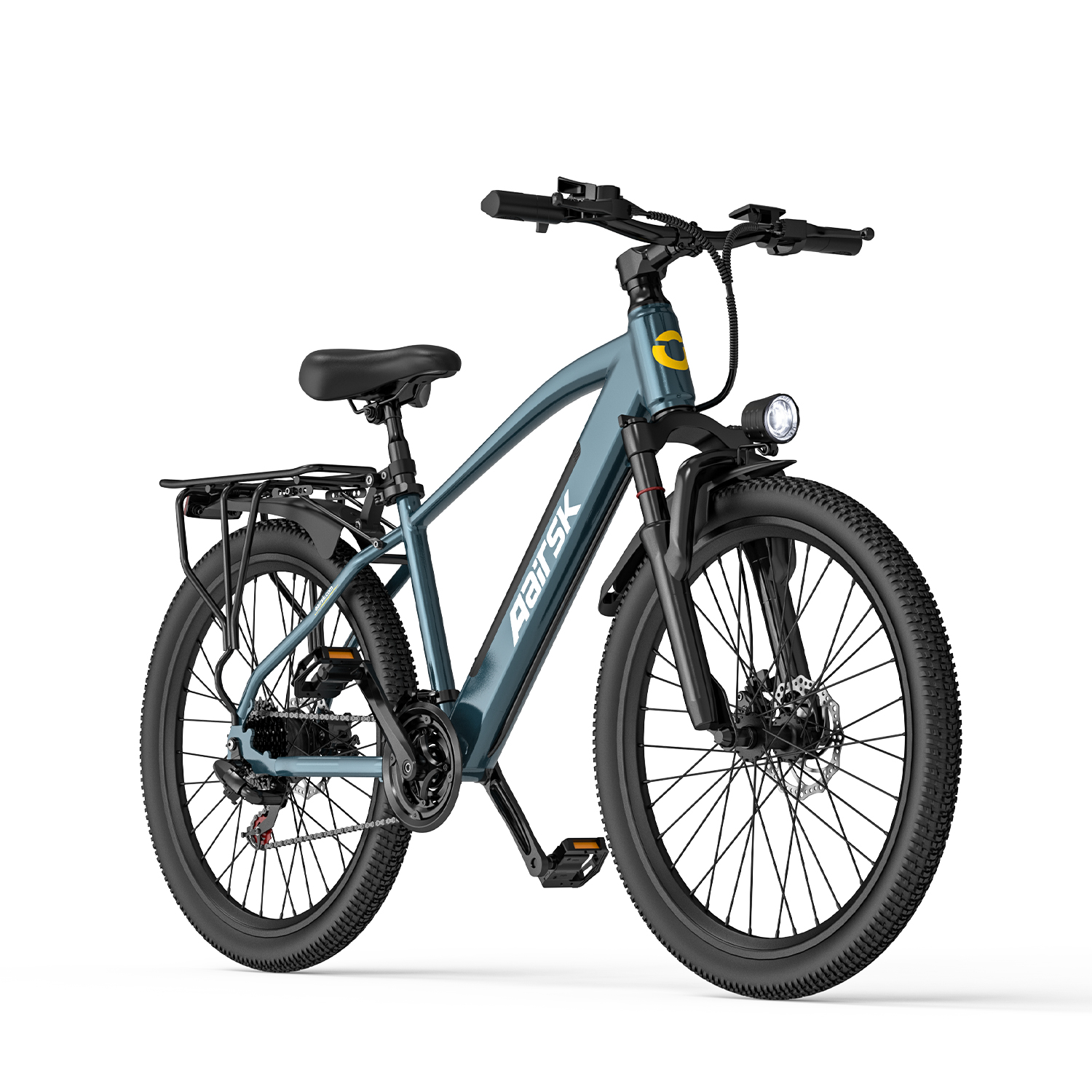 Una bici elettrica verde acqua. Ha pneumatici neri, un sedile nero e un portapacchi sopra lo pneumatico posteriore. Il marchio è visibile.