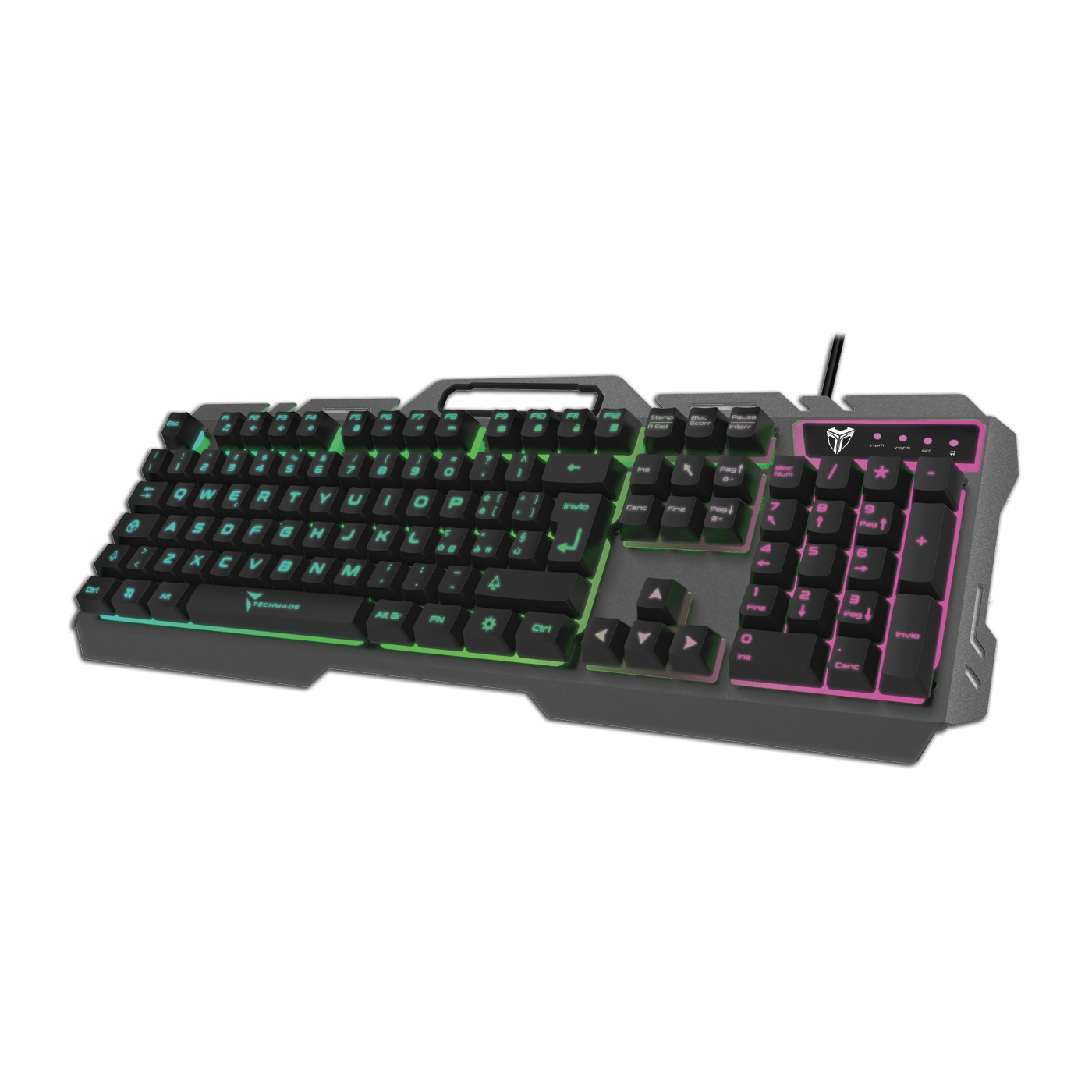 Una tastiera da gioco nera con illuminazione RGB. I tasti sono illuminati di verde e rosa. La tastiera ha un tastierino numerico e tasti funzione.