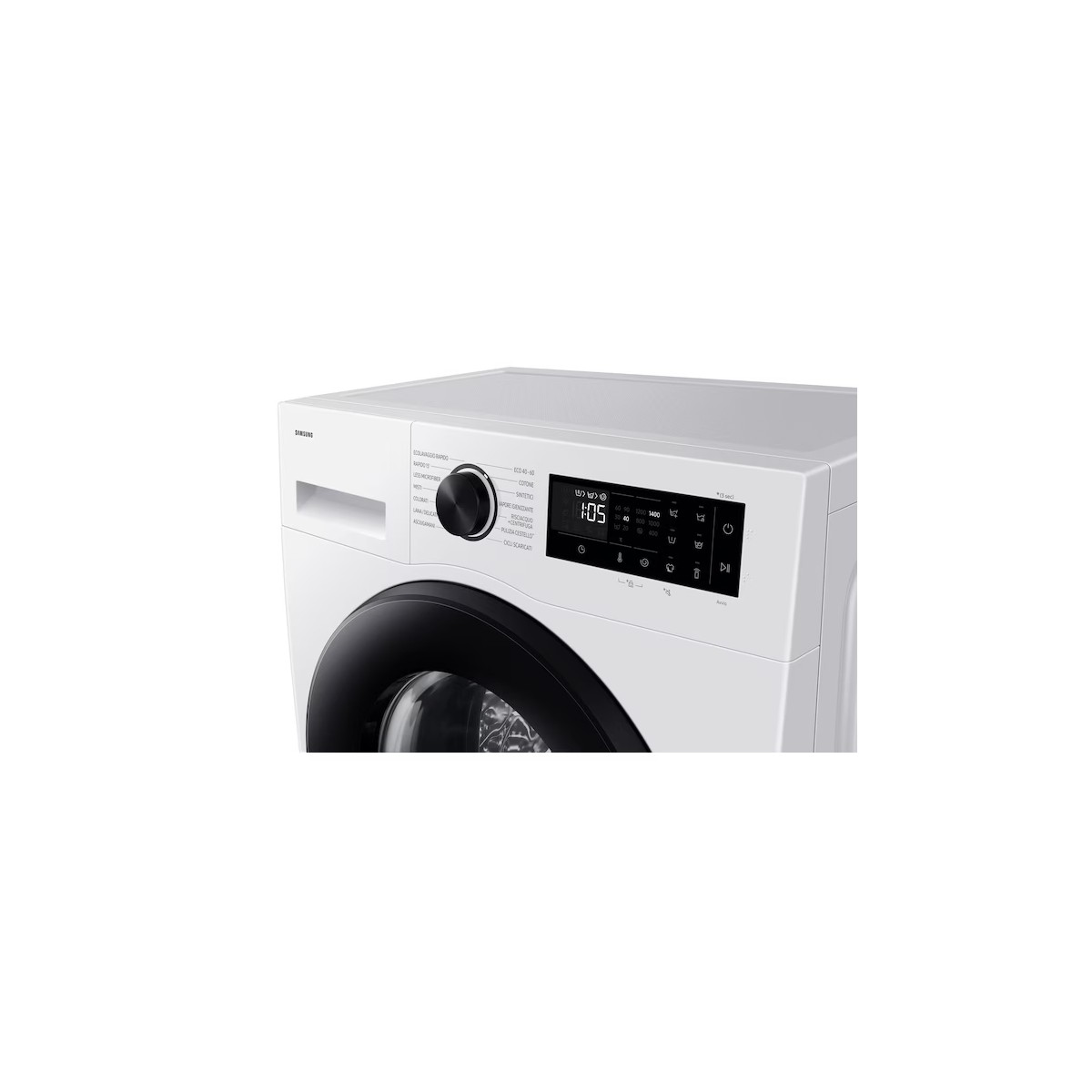 Biała pralka Samsung. Ma czarne drzwi i panel sterowania z wyświetlaczem cyfrowym. Widoczne przyciski i pokrętło.