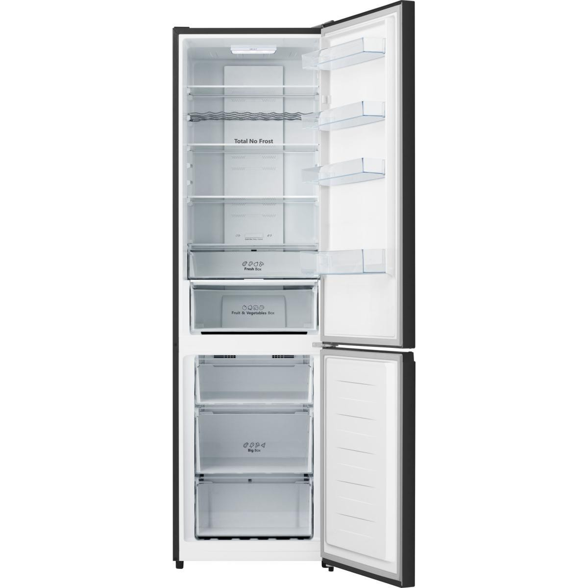 Frigorifero aperto che mostra i vani interni. Include ripiani, cassetti con etichette 'Fresh Box', 'Fruit & Vegetables Box' e 'Big Box'.