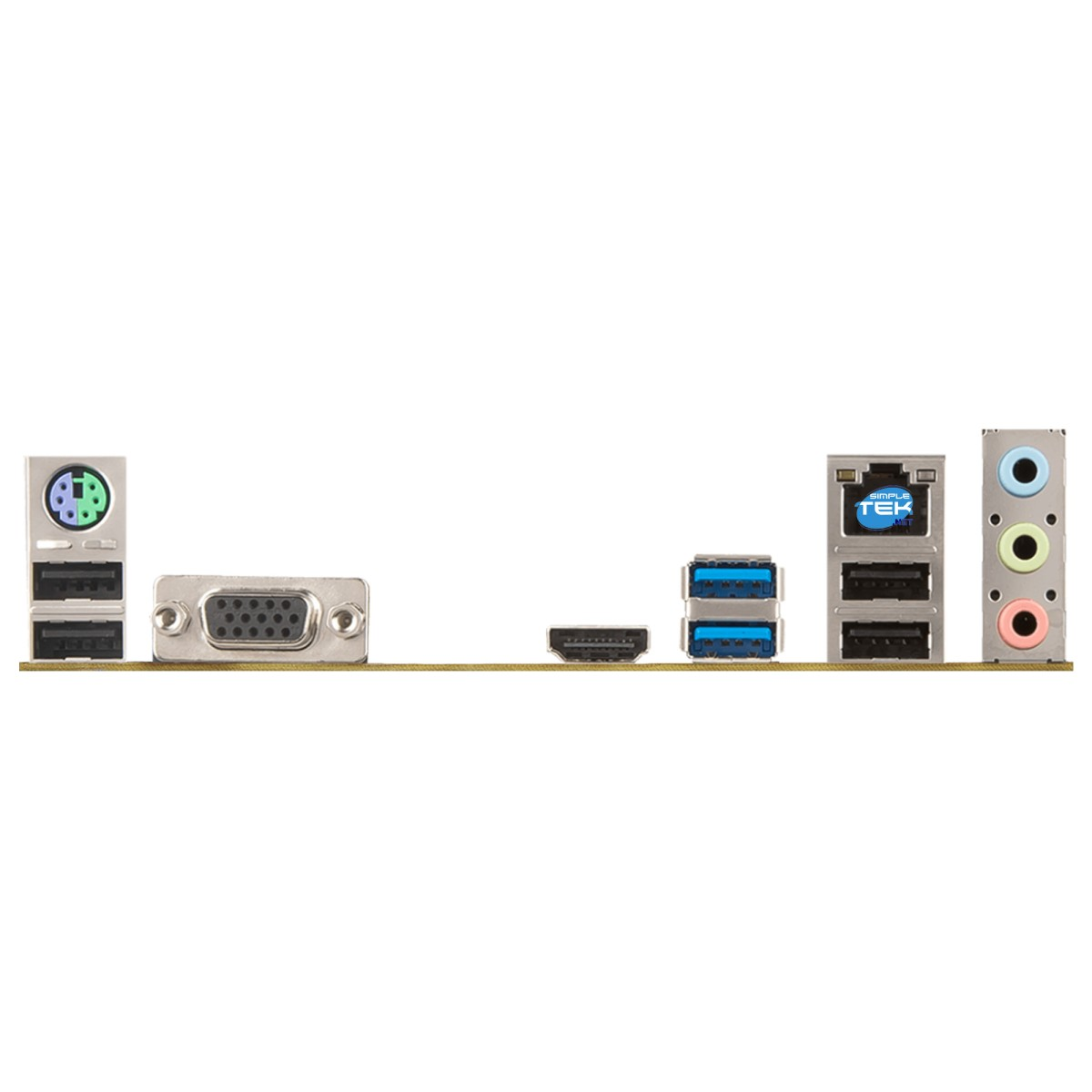 Pannello posteriore di una scheda madre per computer. Include varie porte: PS/2, VGA, HDMI, USB, jack audio ed Ethernet.