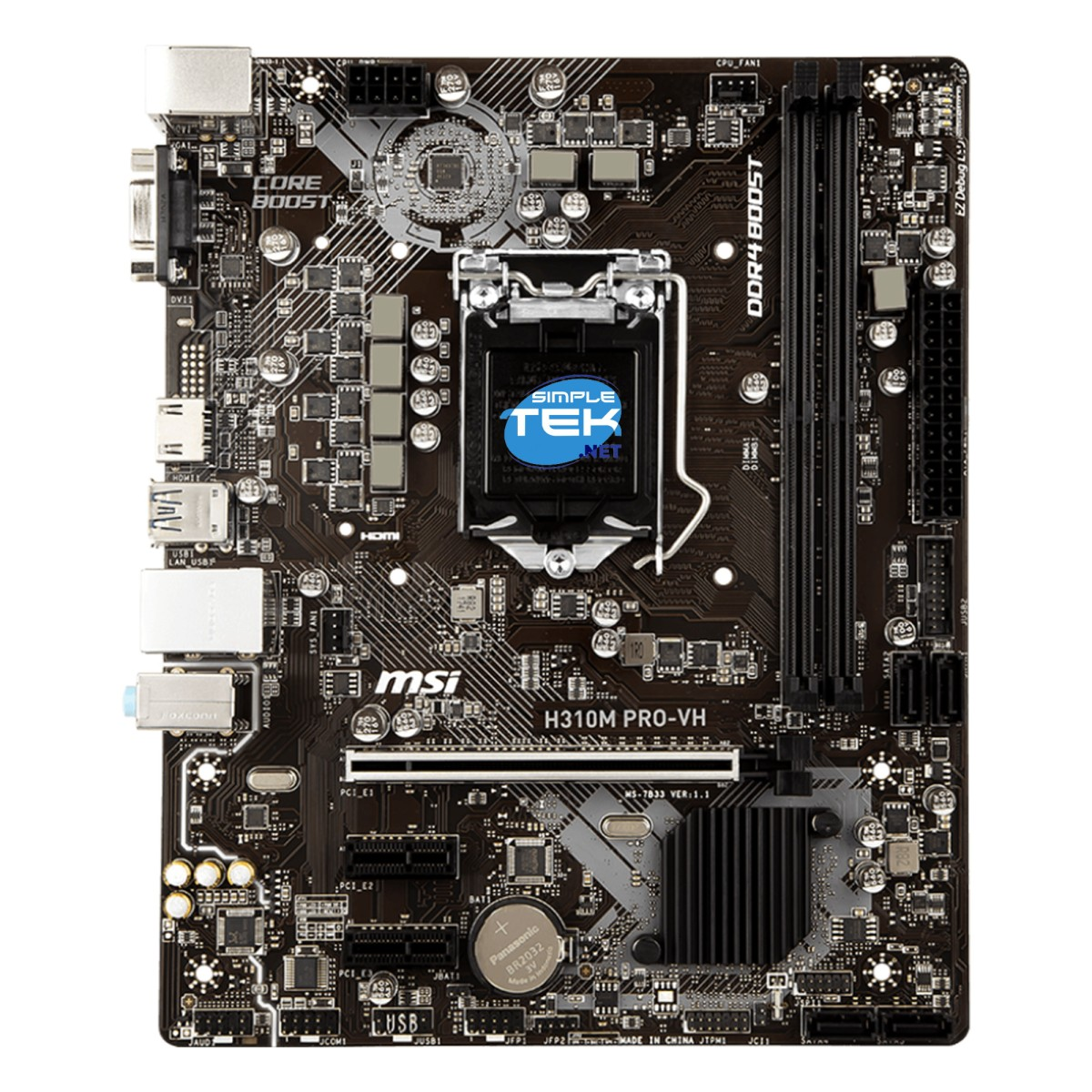 Una scheda madre per computer, nera e marrone, con vari componenti e loghi. Il marchio MSI è visibile.