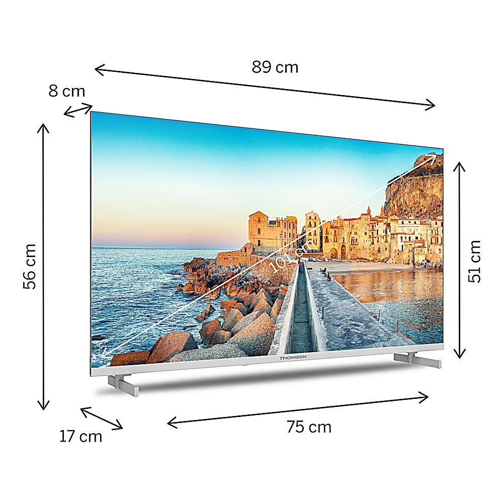 Una TV Thomson mostra una scena costiera. Le dimensioni sono indicate con frecce: 89 cm di larghezza, 56 cm di altezza, 75 cm di base e 17 cm di profondità.