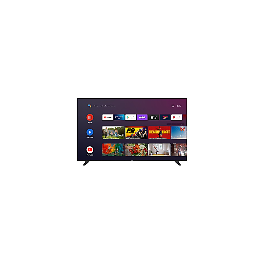 Un televisor de pantalla plana muestra una interfaz de Android con varios iconos de aplicaciones. La pantalla es negra, con fondo blanco.
