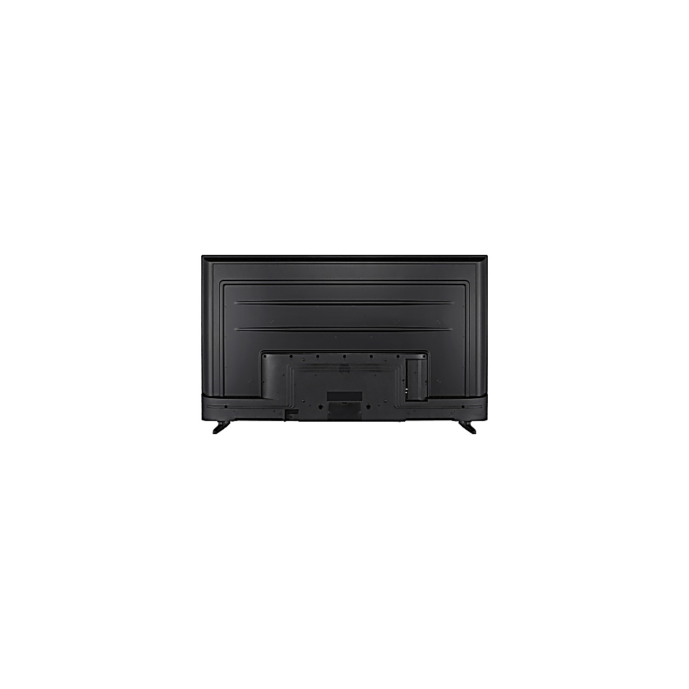 Vista trasera de un televisor de pantalla plana negro sobre un fondo blanco. El televisor tiene forma rectangular y se apoya en dos patas.