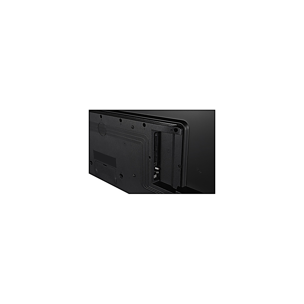 Parte trasera de un televisor negro. Son visibles varios puertos, tornillos y un panel de plástico negro. El fondo es blanco.