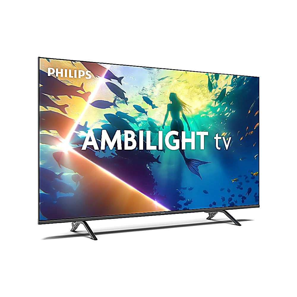 Un televisore Philips Ambilight mostra una scena di sirena e pesci. Il televisore è nero, con il logo Philips.
