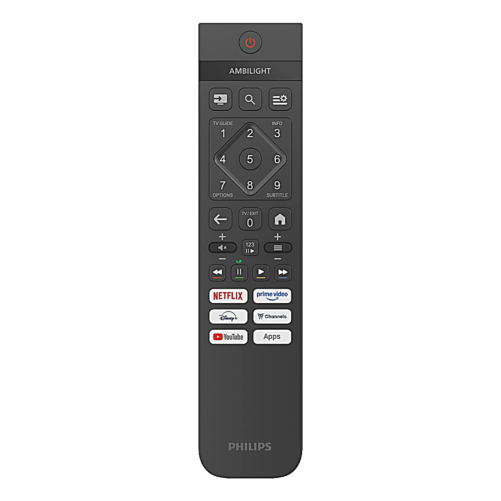 Un telecomando TV Philips grigio scuro. Ha molti pulsanti, tra cui numeri, Netflix, YouTube e controlli del volume.