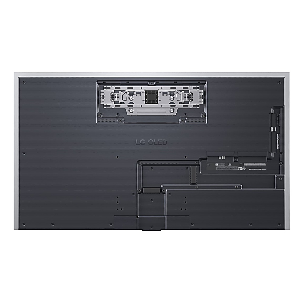Widok z tyłu telewizora LG OLED, ciemnoszary z srebrną ramką. Posiada porty, złącza i logo LG OLED.