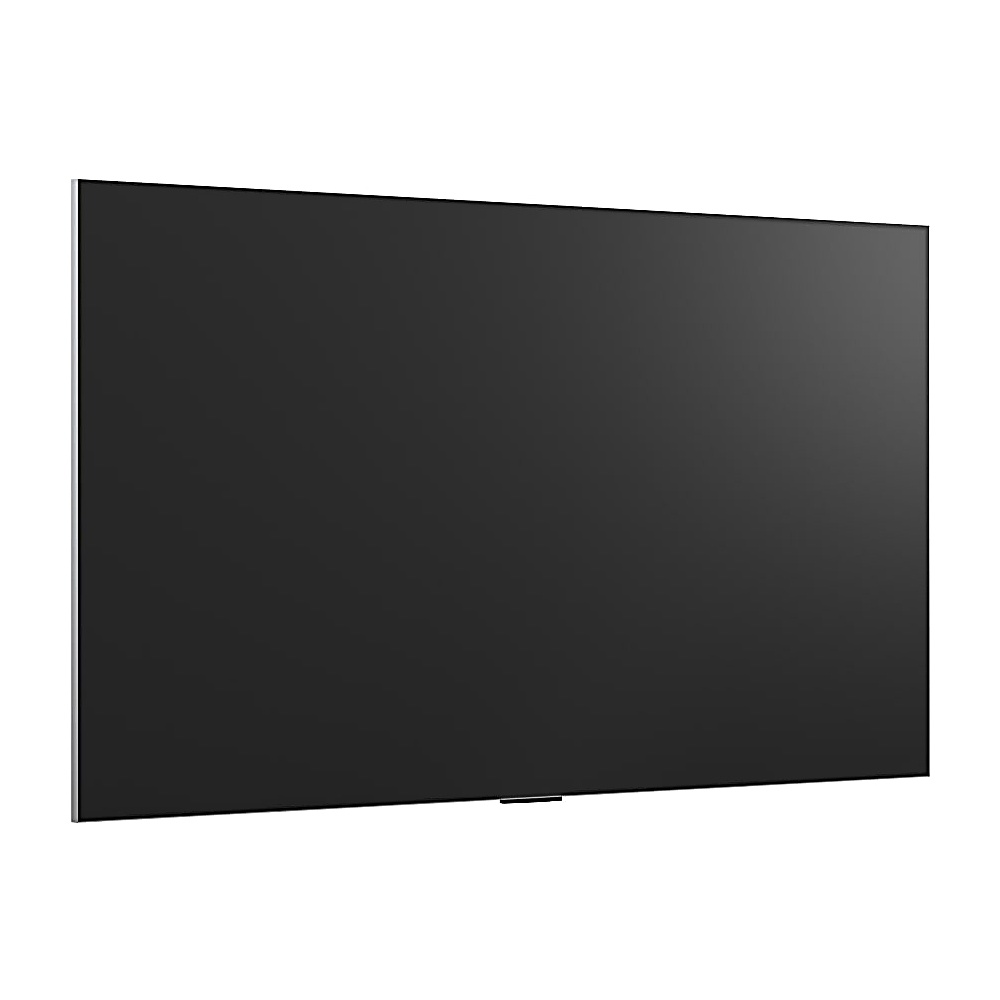 Duży, prostokątny czarny ekran z cienką srebrną ramką. Wygląda na telewizor lub panel wyświetlacza, odizolowany od bieli.