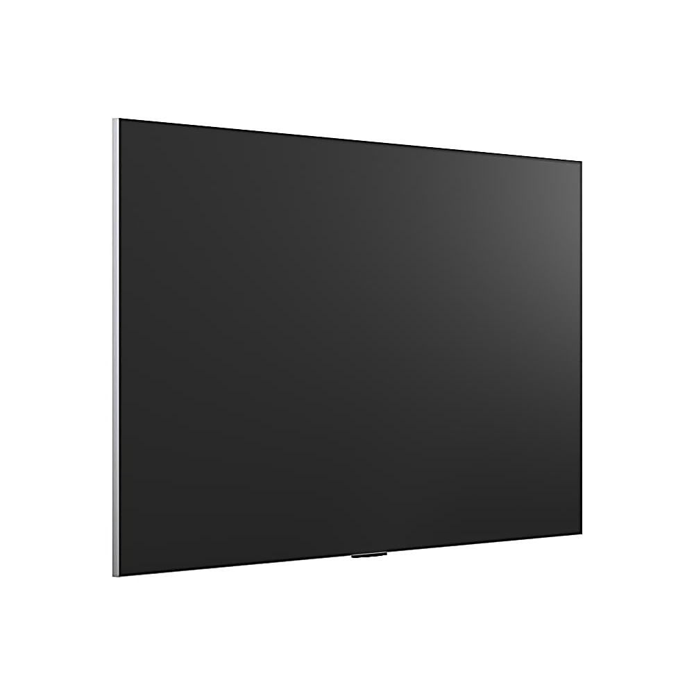 Duży, prostokątny, czarny ekran z cienką srebrną ramką. Ekran jest lekko pochylony na białym tle.