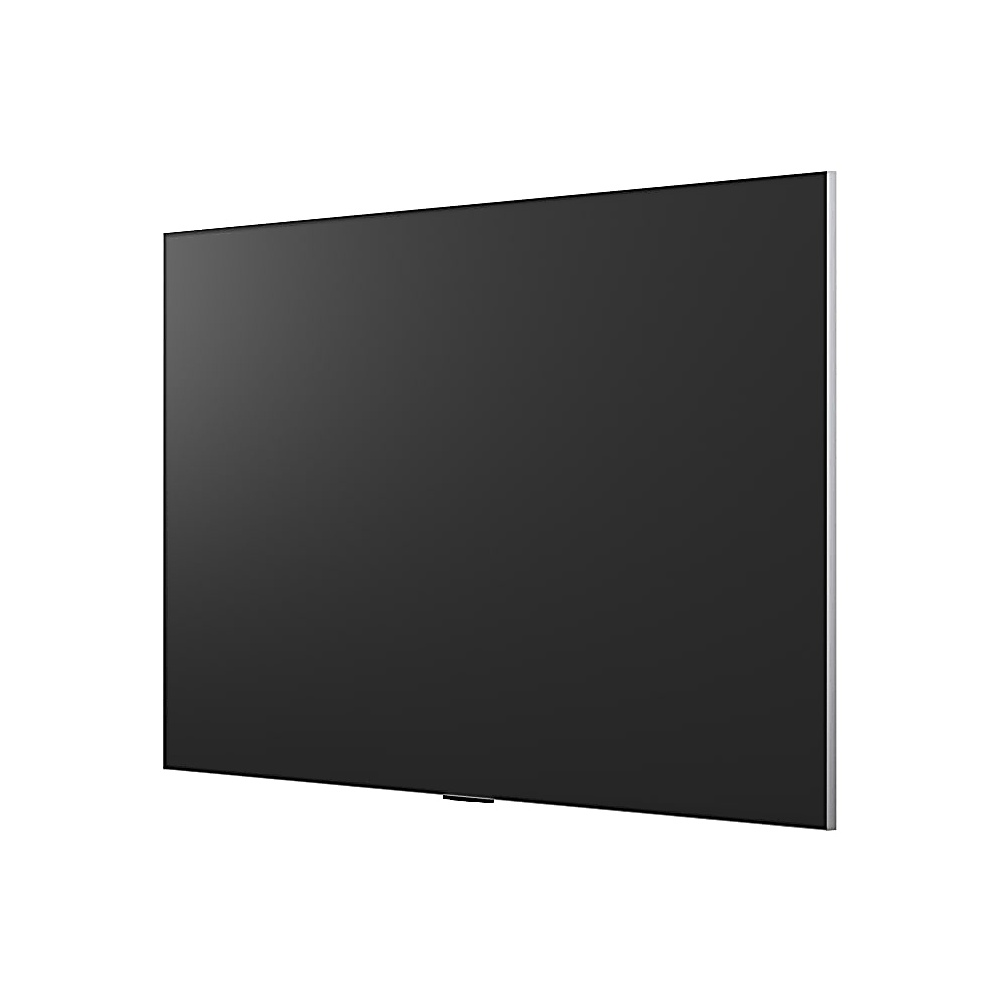 Duży, czarny telewizor z płaskim ekranem i srebrną ramą jest zamontowany na białej ścianie. Ekran jest wyłączony.