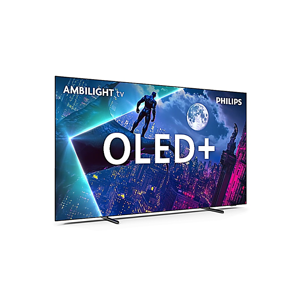 Un televisore Philips OLED+ mostra un supereroe su una scena cittadina con una luna. La TV è su sfondo bianco. 'OLED+' è scritto sullo schermo.