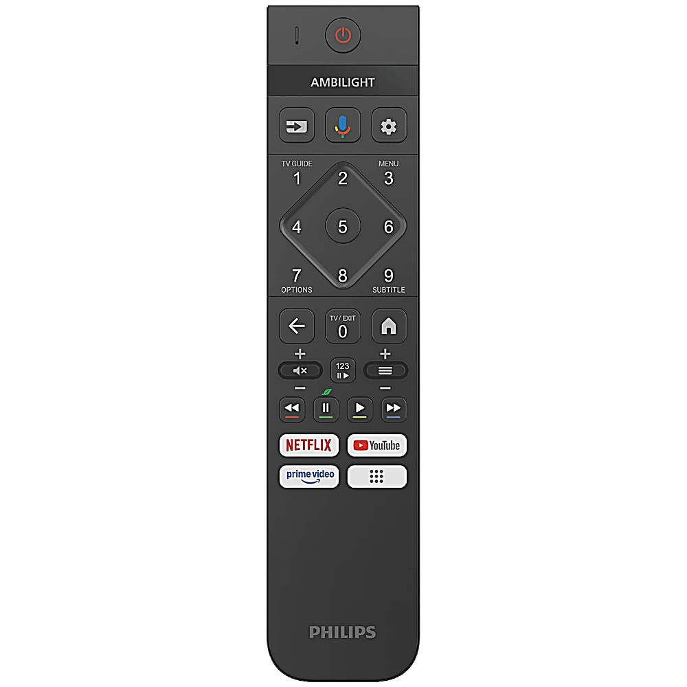 Un telecomando Philips grigio scuro con molti pulsanti, tra cui Netflix, YouTube e tasti numerici. Il pulsante di accensione è in alto.