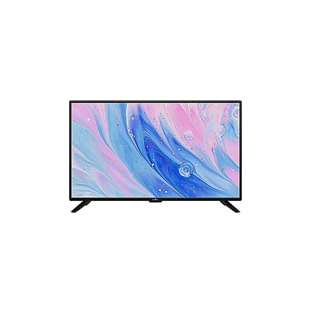 Una TV a schermo piatto su sfondo bianco. Lo schermo mostra un motivo a vortice di blu, rosa e bianchi. È montato su due gambe nere.