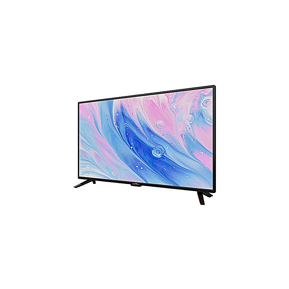 Una TV a schermo piatto su bianco. Lo schermo mostra un design astratto colorato con motivi a vortice blu, rosa e bianchi.