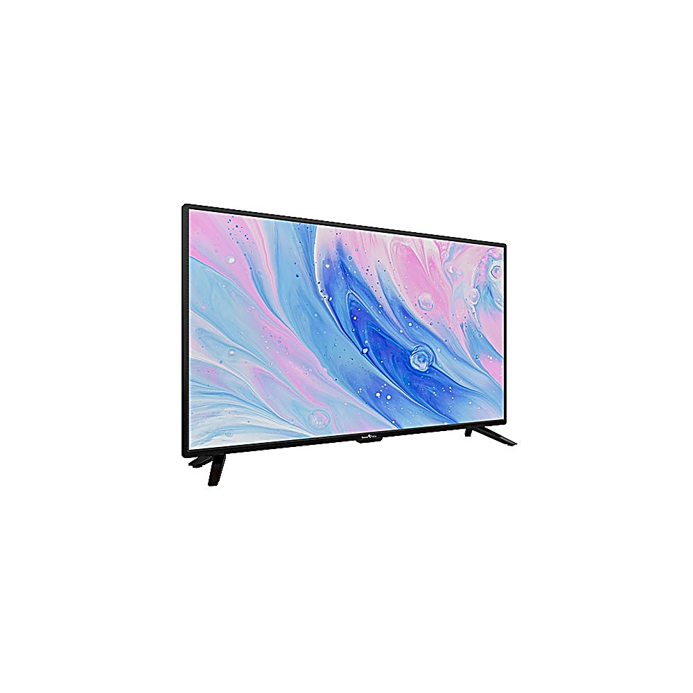Un televisore a schermo piatto su sfondo bianco. Lo schermo mostra un'immagine astratta colorata con vortici rosa, blu e bianchi.