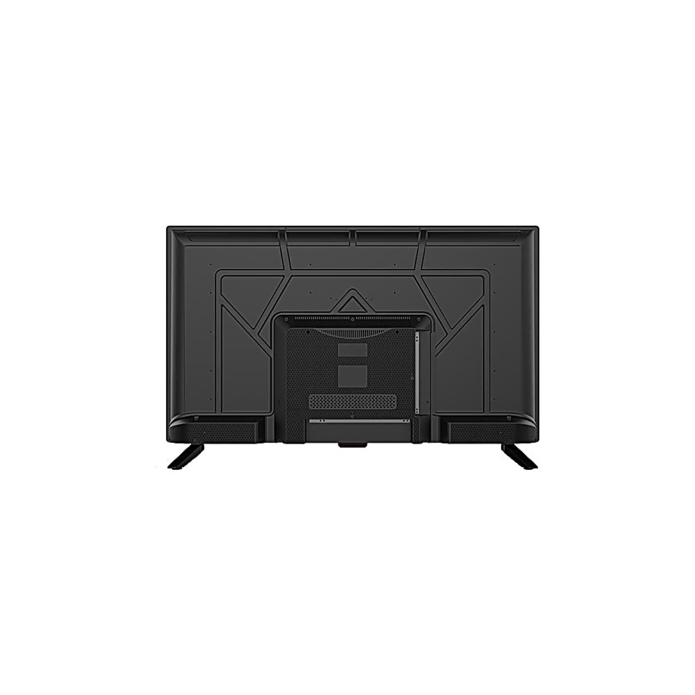 Vista posteriore di una TV nera su sfondo bianco. La TV ha due gambe nere e molteplici porte e prese d'aria.
