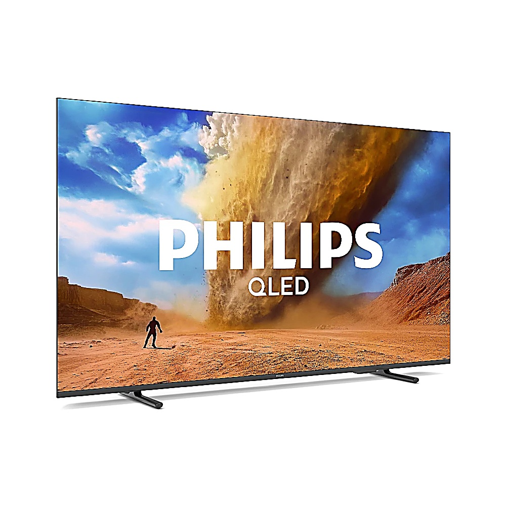 Telewizor Philips QLED wyświetla pustynną scenę z tornadem. Sylwetka stoi z przodu. Telewizor stoi na czarnych podstawkach.