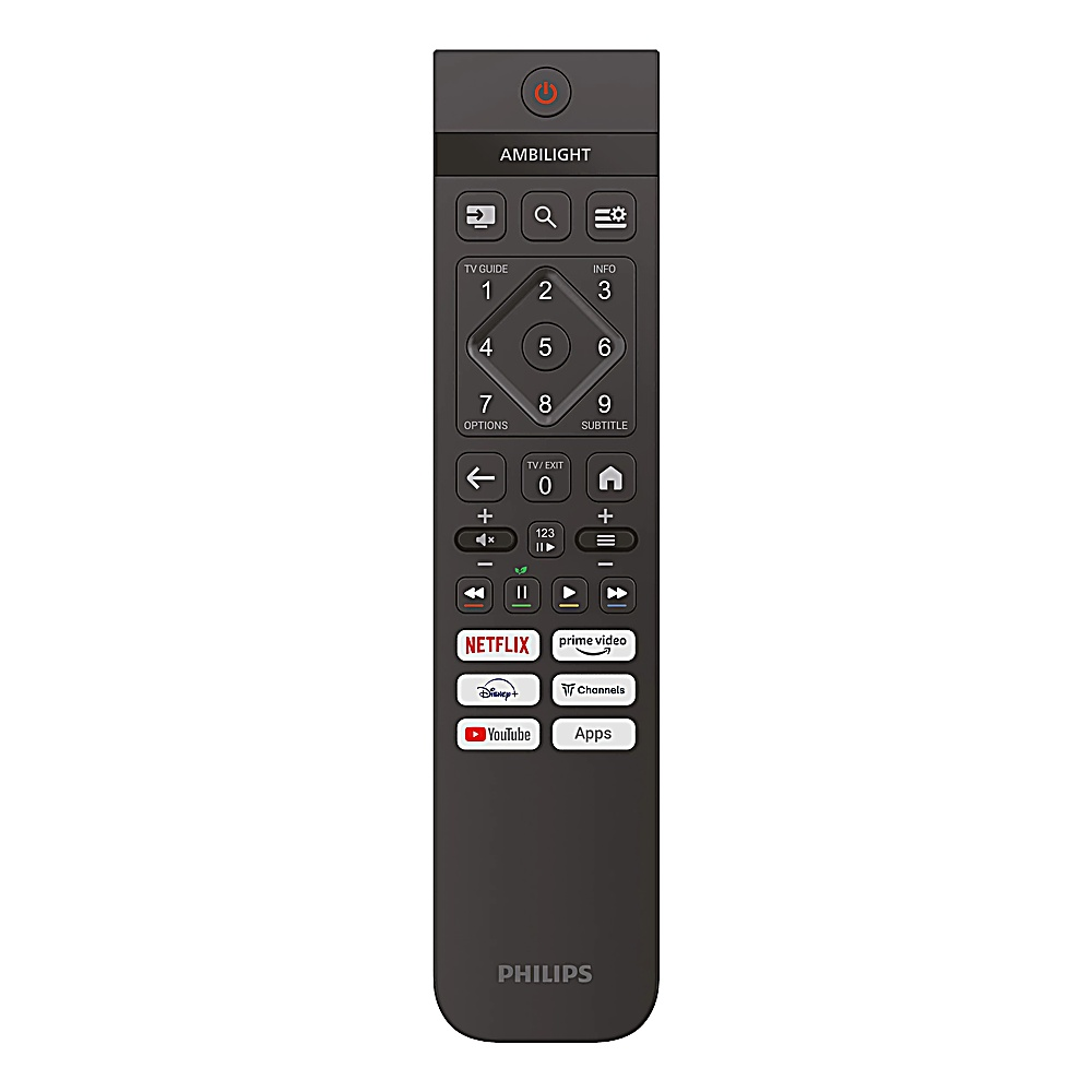 Pilot do telewizora Philips z przyciskami zasilania, nawigacji, kanałów, głośności i aplikacji streamingowych, takich jak Netflix i YouTube.
