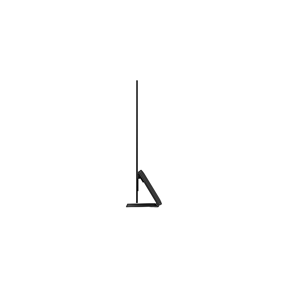 Vue latérale d'un pied de téléviseur noir avec un support vertical et une base triangulaire sur fond blanc.