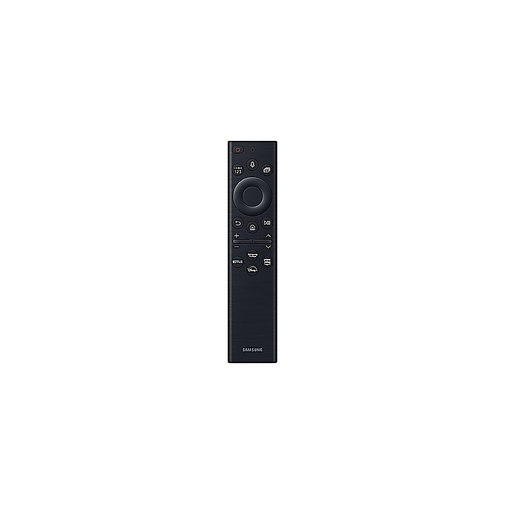 Une télécommande Samsung noire avec divers boutons, dont marche/arrêt, volume et chaînes, sur fond blanc.