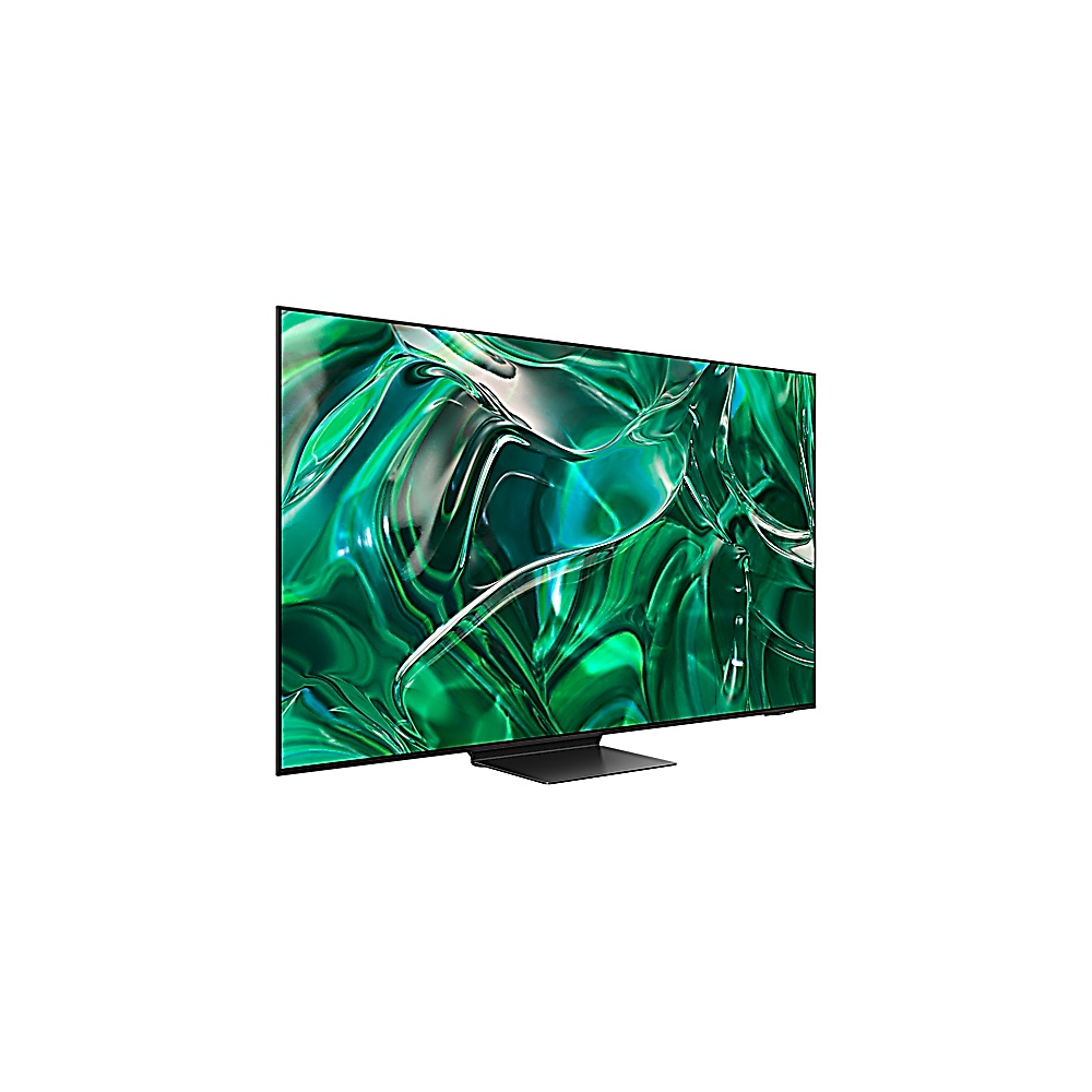 Un téléviseur moderne avec un motif abstrait vert sur l'écran, reposant sur un support noir sur fond blanc.
