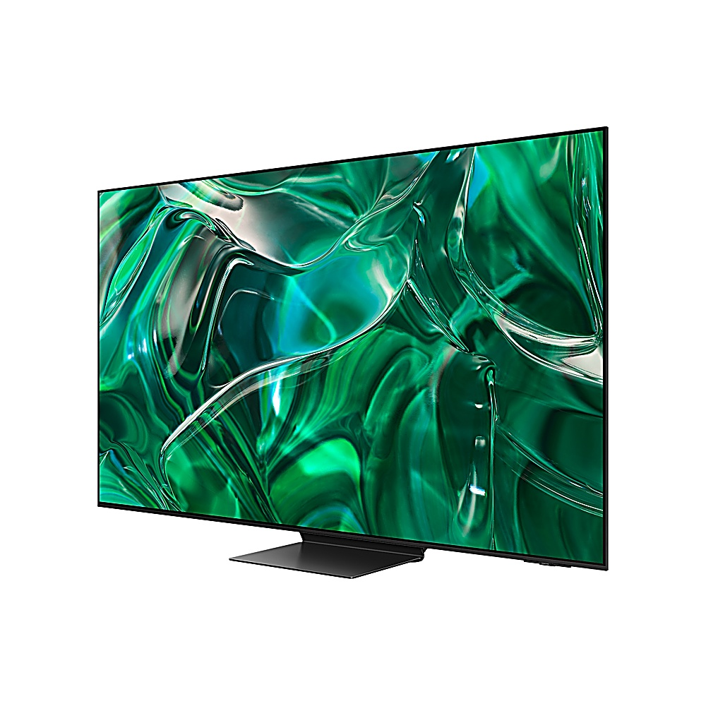 Une grande télévision élégante avec un motif abstrait vert sur l'écran, sur un socle noir. La télévision est inclinée vers la droite.