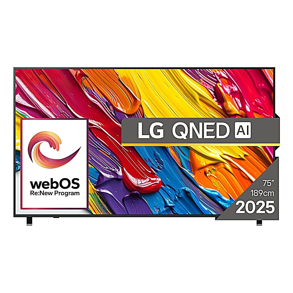 TV LG QNED AI da 75 pollici. Sfondo astratto colorato. Logo WebOS in basso a sinistra. Data 2025 in basso a destra.
