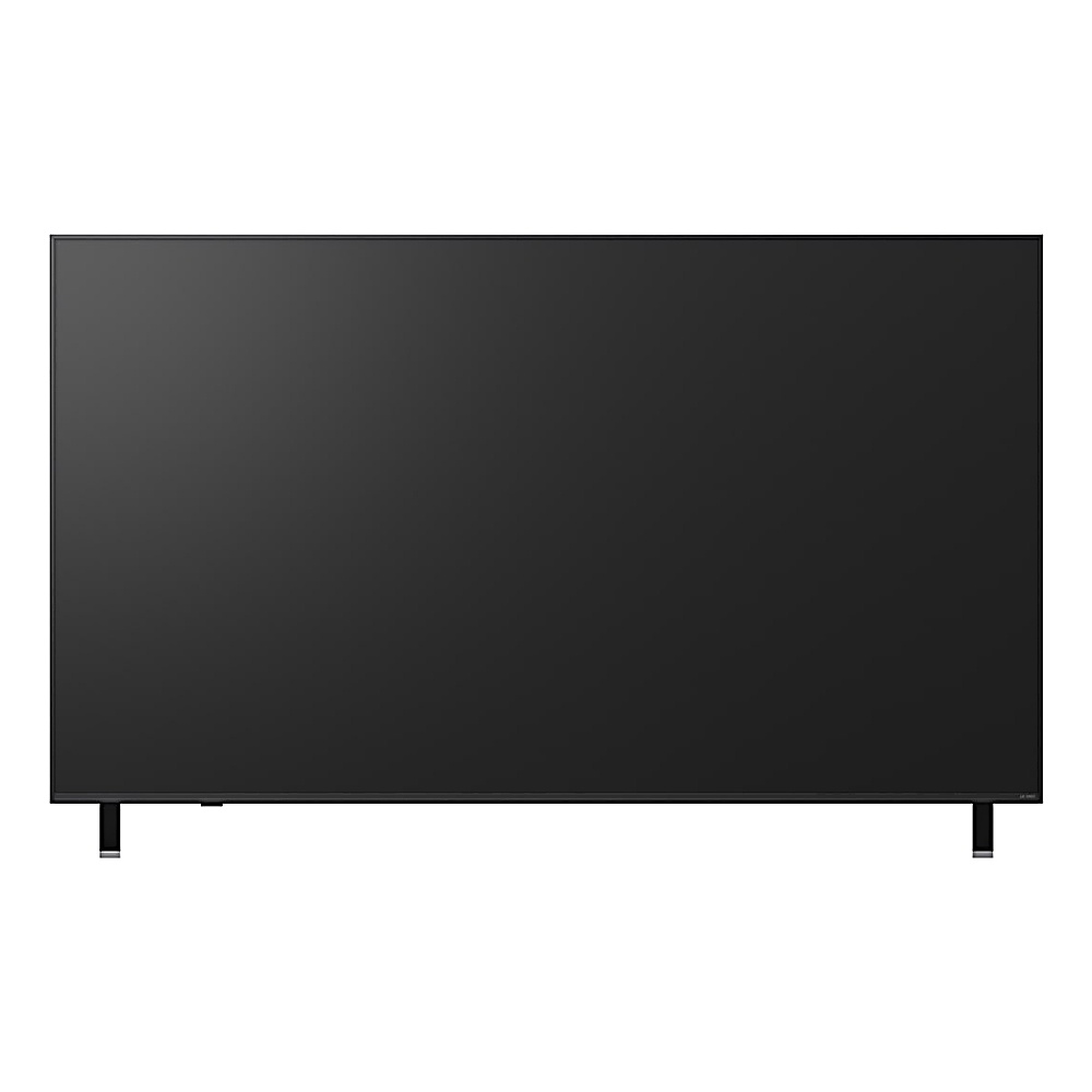 Un grande televisore a schermo piatto nero. È rettangolare con sottili bordi neri. Due piccole gambe lo sostengono.