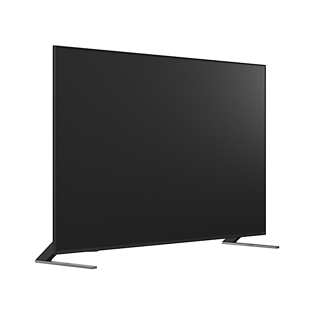 Un grande televisore nero e rettangolare è in posizione verticale. Ha due gambe color argento in basso e una sottile cornice nera.
