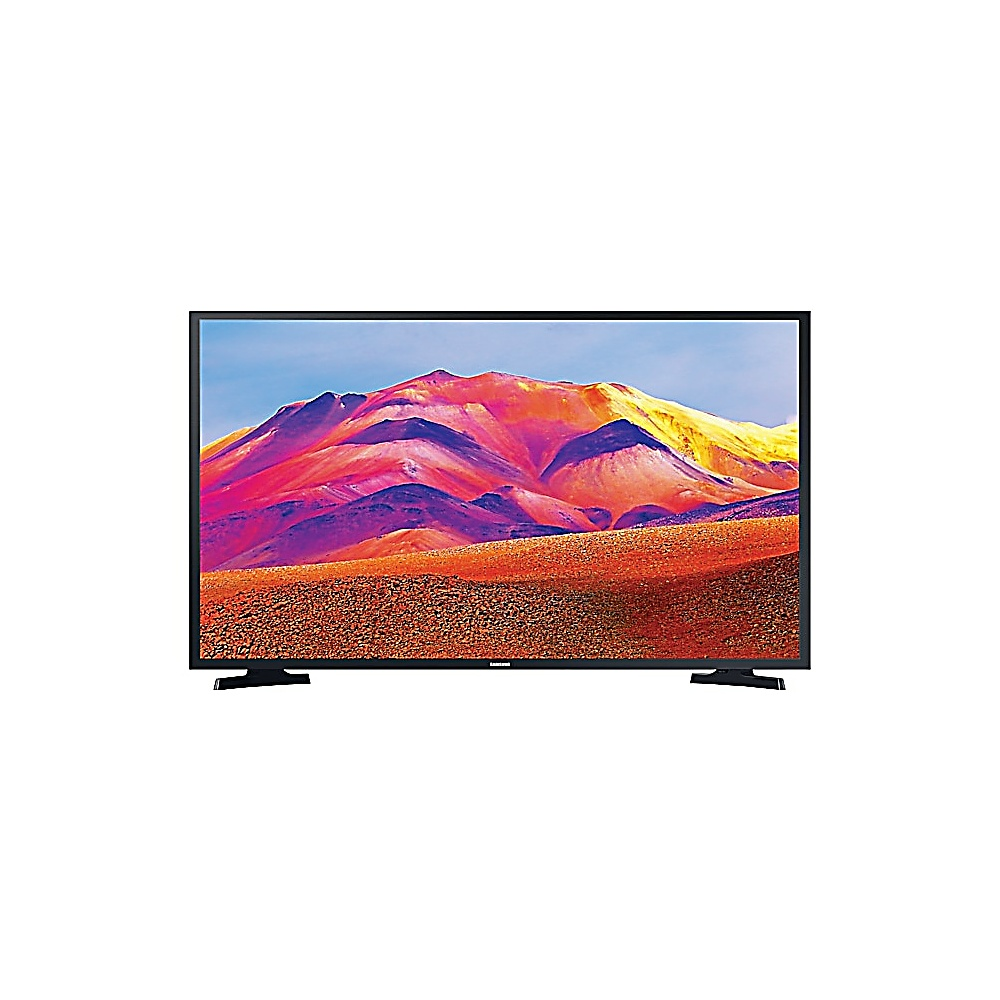 Una TV Samsung mostra una colorata scena di montagna. La montagna ha tonalità rosse, viola e gialle. La TV è nera, su sfondo bianco.