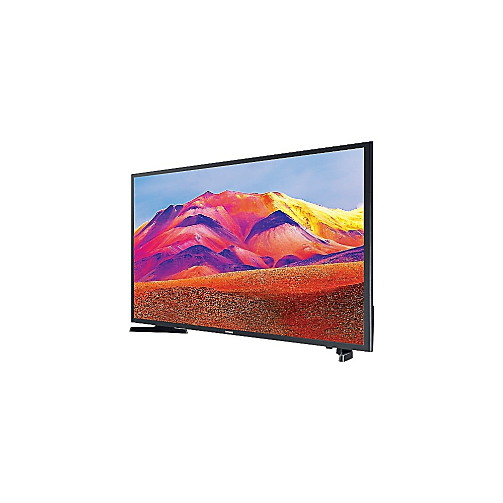 Un televisore Samsung mostra un paesaggio montuoso colorato. La TV è nera e l'immagine mostra un tramonto vivace sulle montagne.