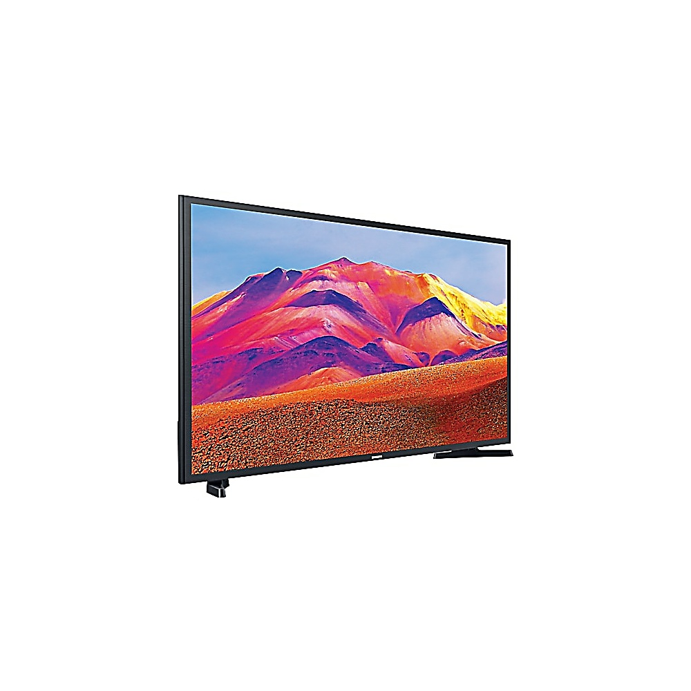 Un televisore Samsung mostra un colorato paesaggio montuoso. Lo schermo ha una cornice nera e la TV è su sfondo bianco.