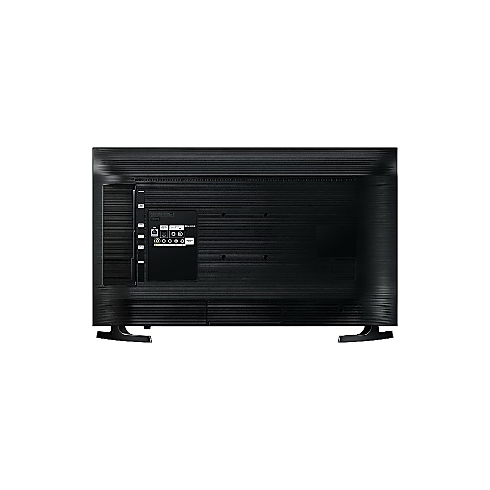 Vista posteriore di un televisore Samsung nero. Mostra porte, ingressi e il pannello posteriore a coste. Due piedini neri sostengono la TV.