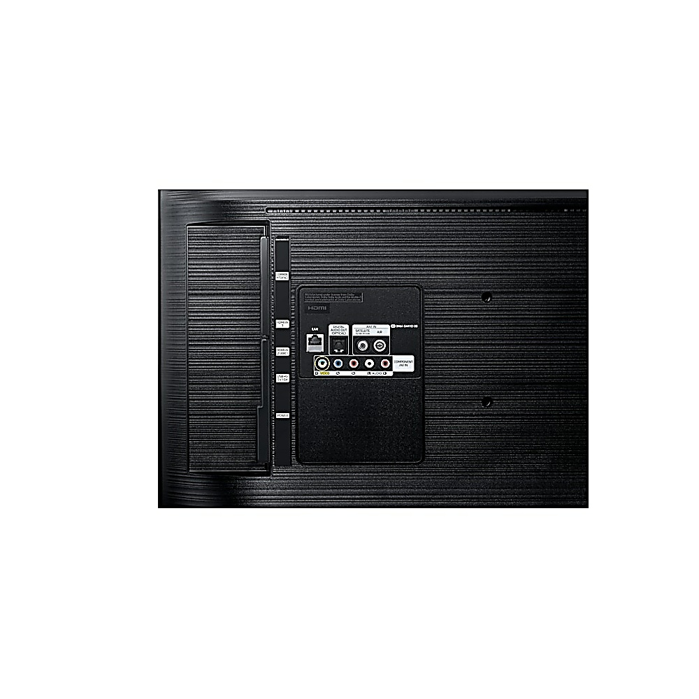 Vista posteriore di una TV nera. Ha porte di connessione per HDMI, LAN e antenna. Un pannello più piccolo ospita altre porte.