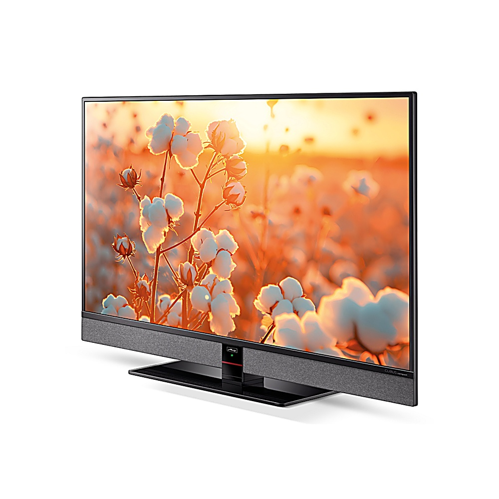 Un televisore mostra un'immagine di un campo di cotone con un tramonto. Il televisore ha una cornice nera, una soundbar grigia e un supporto nero.