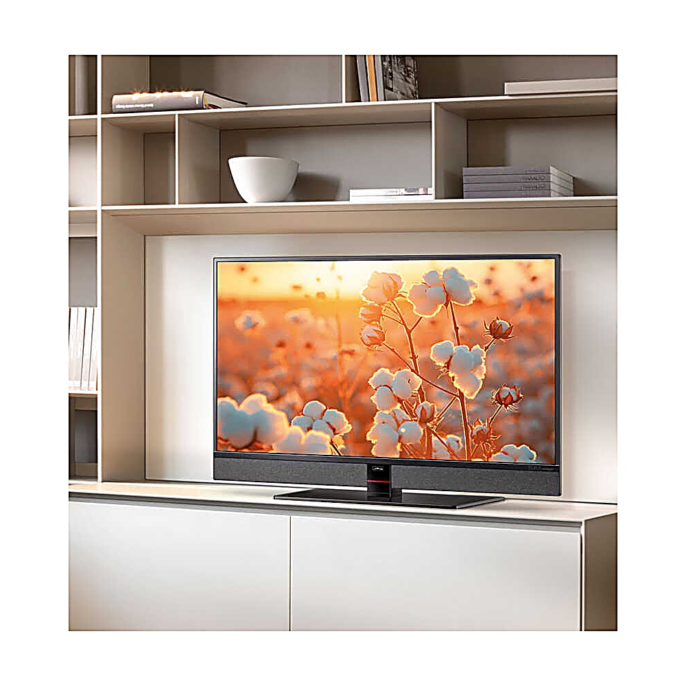 Un televisore mostra una scena floreale. Si trova su un mobile bianco sotto una mensola integrata. Ci sono libri e una ciotola bianca sugli scaffali.
