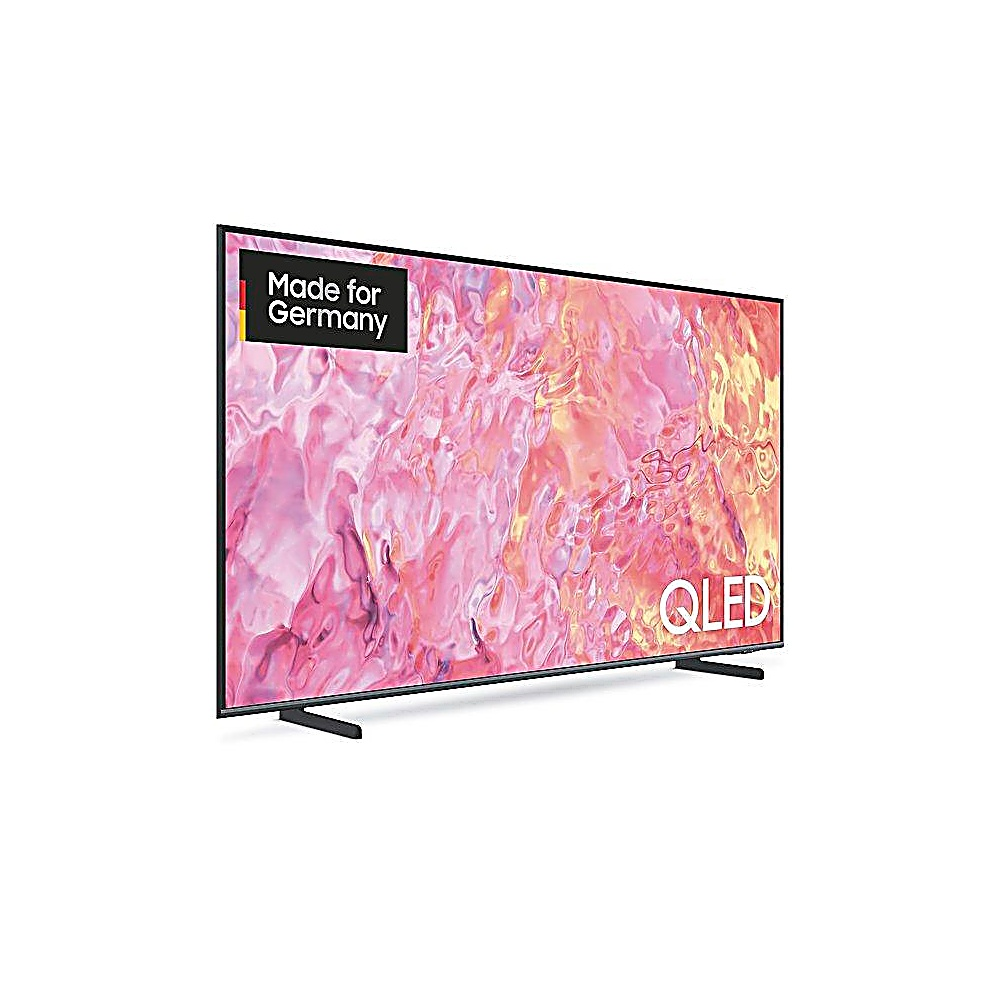 Ein QLED-Fernseher mit einer abstrakten Anzeige in Rosa, Gelb und Weiß wird gezeigt. Er hat einen schwarzen Rahmen und ist mit 'Made for Germany' beschriftet.