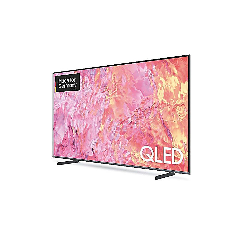 Ein QLED-Fernseher mit schwarzem Rahmen und Standfuß. Der Bildschirm zeigt abstrakte Kunst in Pink und Gelb. Er sagt 'Made for Germany' und 'QLED'.