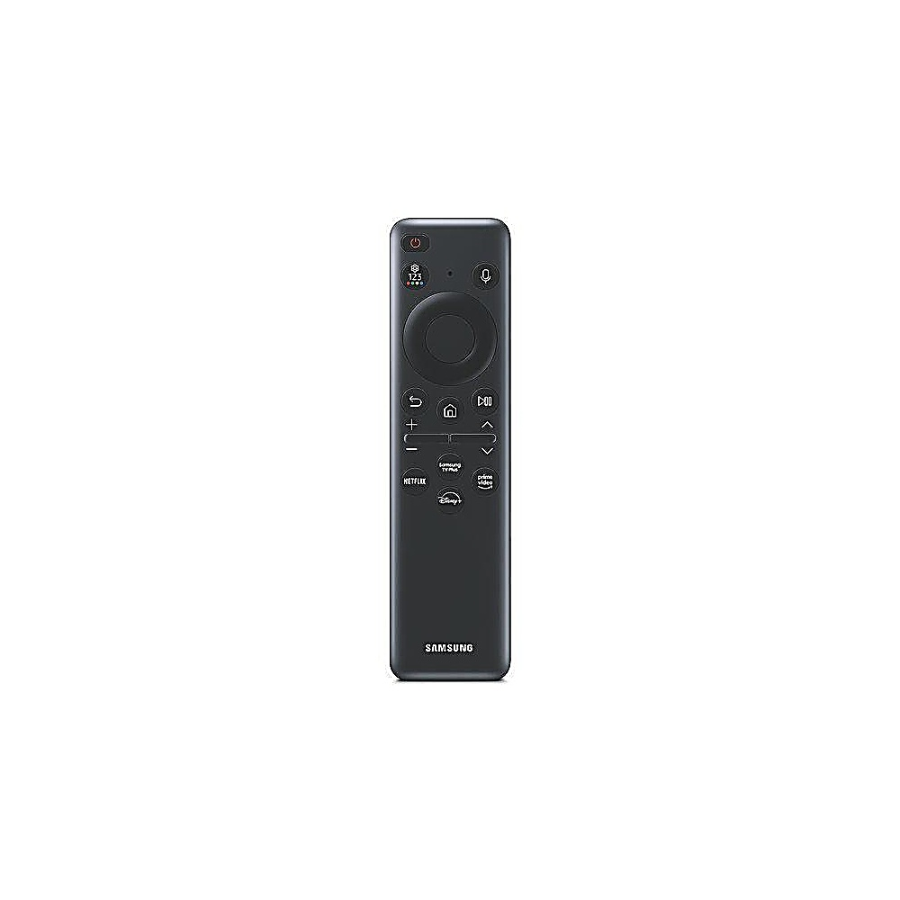 Eine dunkelgraue Samsung TV-Fernbedienung. Sie hat verschiedene Tasten für Strom, Lautstärke, Kanal und Streaming-Dienste wie Netflix und Disney+.