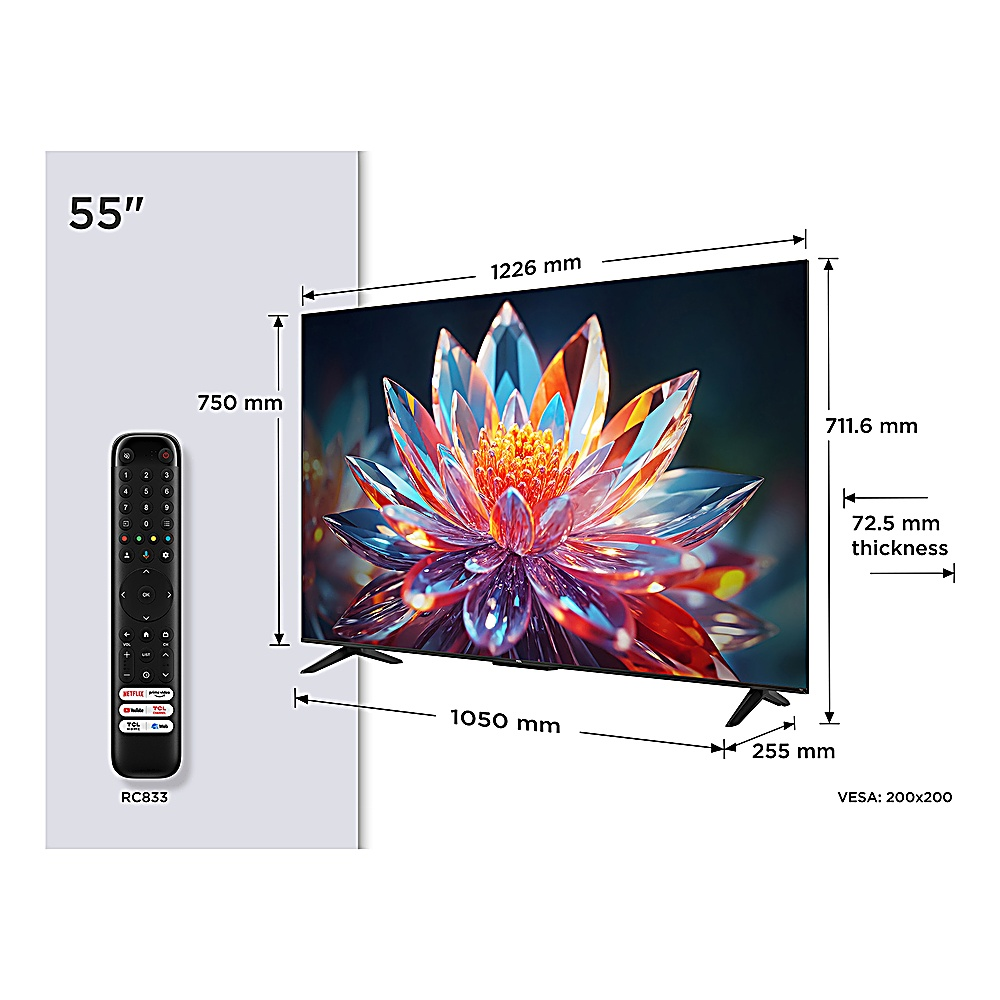 Un téléviseur de 55 pouces avec un affichage floral vibrant. Comprend les dimensions, une télécommande et les spécifications VESA.